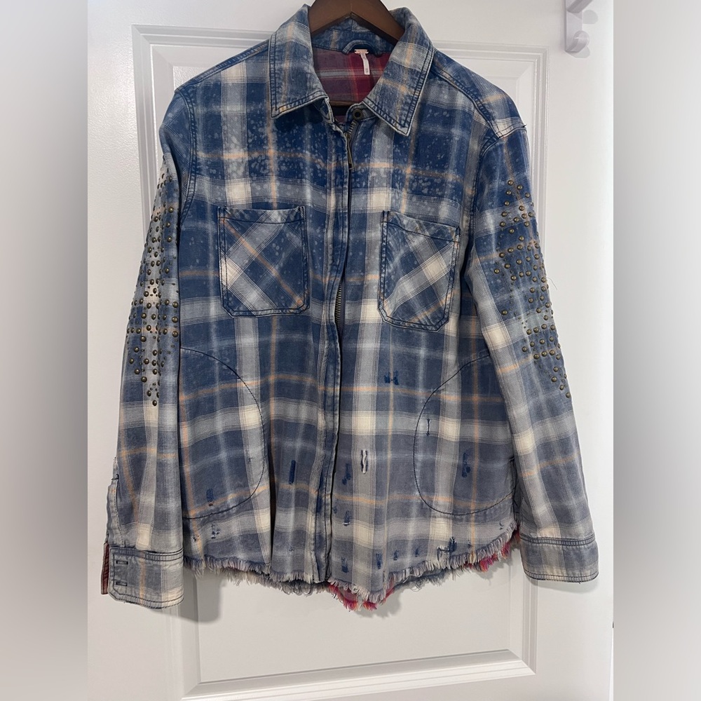 Free People Blue and Cream Plaid Button-Down Jacket with Stud Details